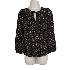 Universal Thread Baby Doll Top Keyhole Women Size S Black Red Floral Long Sleeve